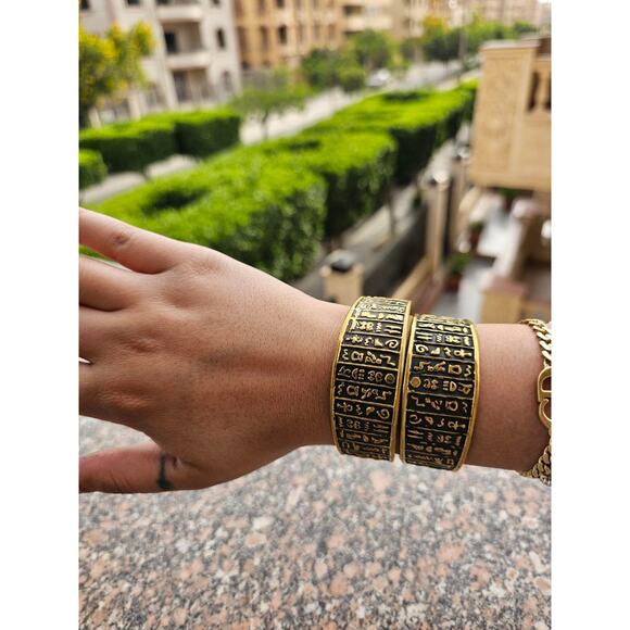 Hieroglyphic Egyptian Bangle – Handmade Black & Gold Brass Statement Cuff - Picture 2 of 4